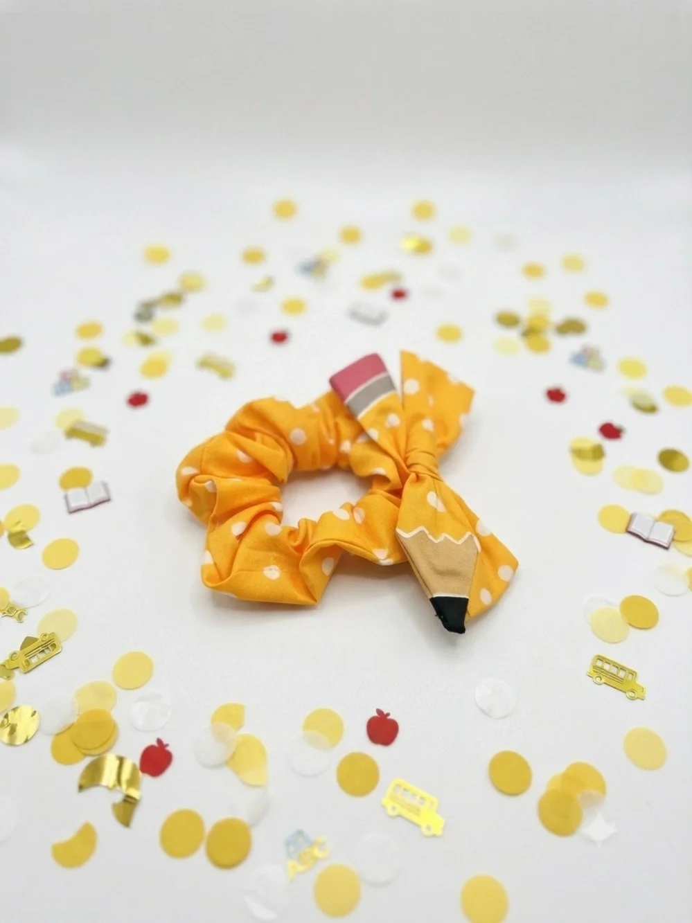 Handmade Pencil Bow Scrunchie Back to School Yellow Polka Dot Teacher Gift